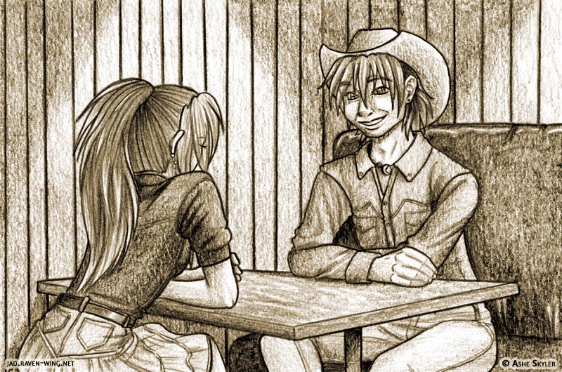 Illustration: Katari and Shanku at their table.